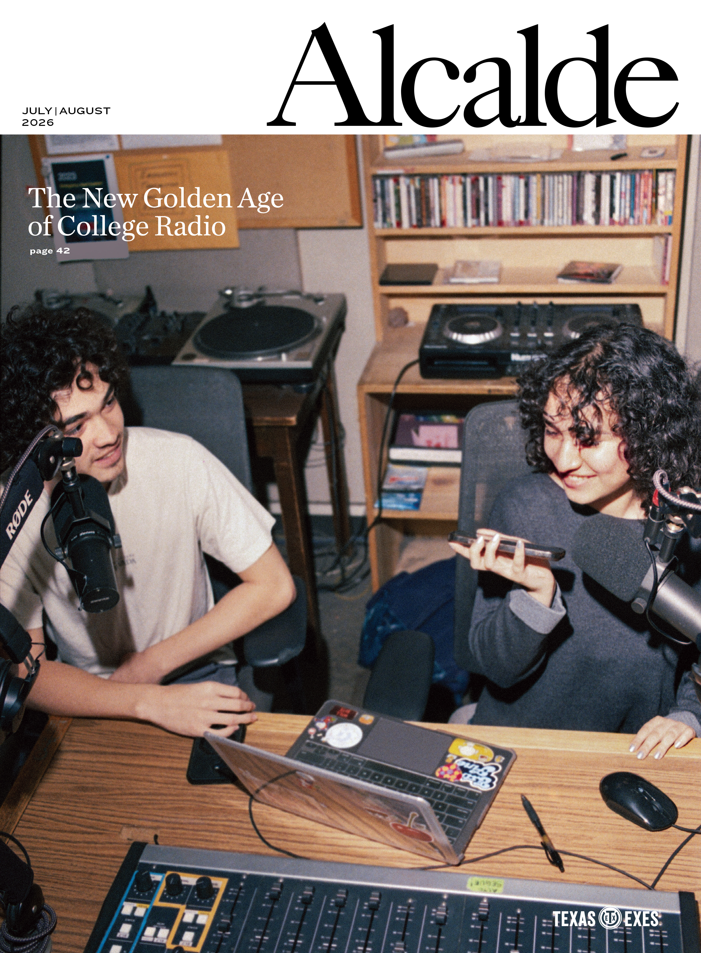 A magazine cover featuring two students at a radio desk, in front of a laptop and a soundboard.