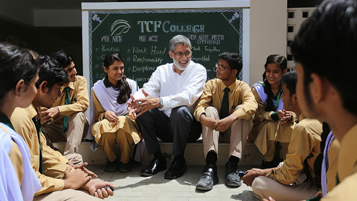 Syed Asaad Ayub Ahmad and a group of students at TCF in Pakistan.