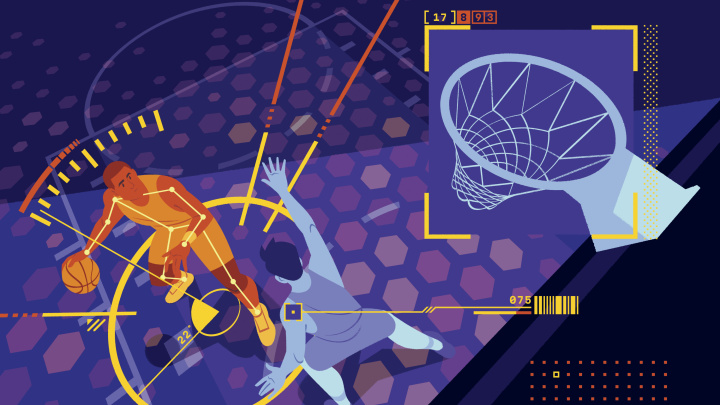 An illustration of two male basketball players under a hoop, in the style of a video game.