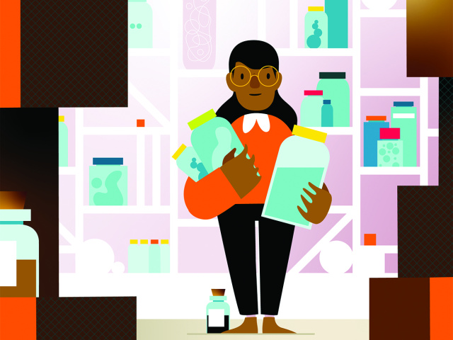 An illustration showing a woman holding glass jars of specimens among shelves of jars and stacked boxes.