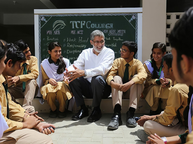 Syed Asaad Ayub Ahmad and a group of students at TCF in Pakistan.