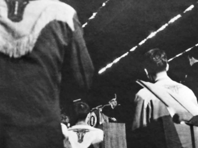Former president Lyndon B. Johnson giving the commencement speech