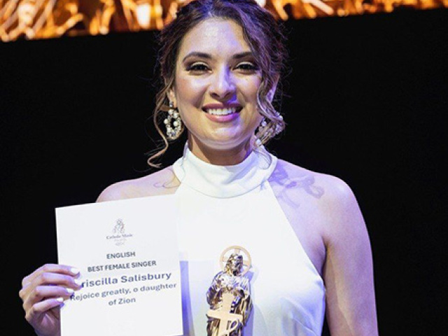 Priscilla Salisbury wins the Best Female Singer award at the inaugural Catholic Music Awards.