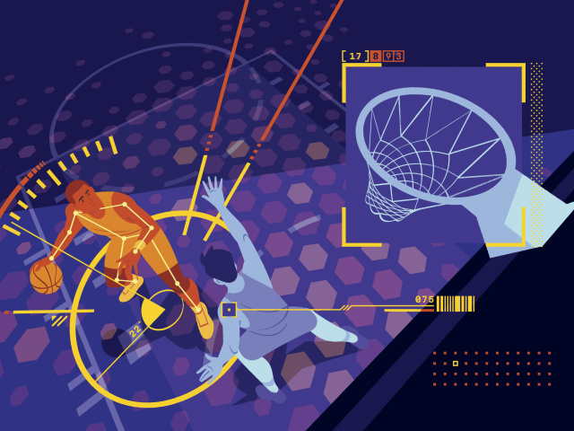 An illustration of two male basketball players under a hoop, in the style of a video game.