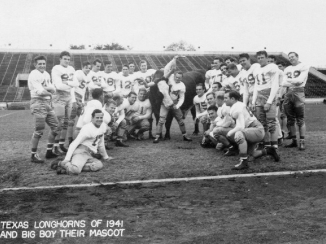 Texas Longhorns (American football team) with their mascot Big Boy, a Longhorn steer), Austin, Texas, USA.      Date: 1941