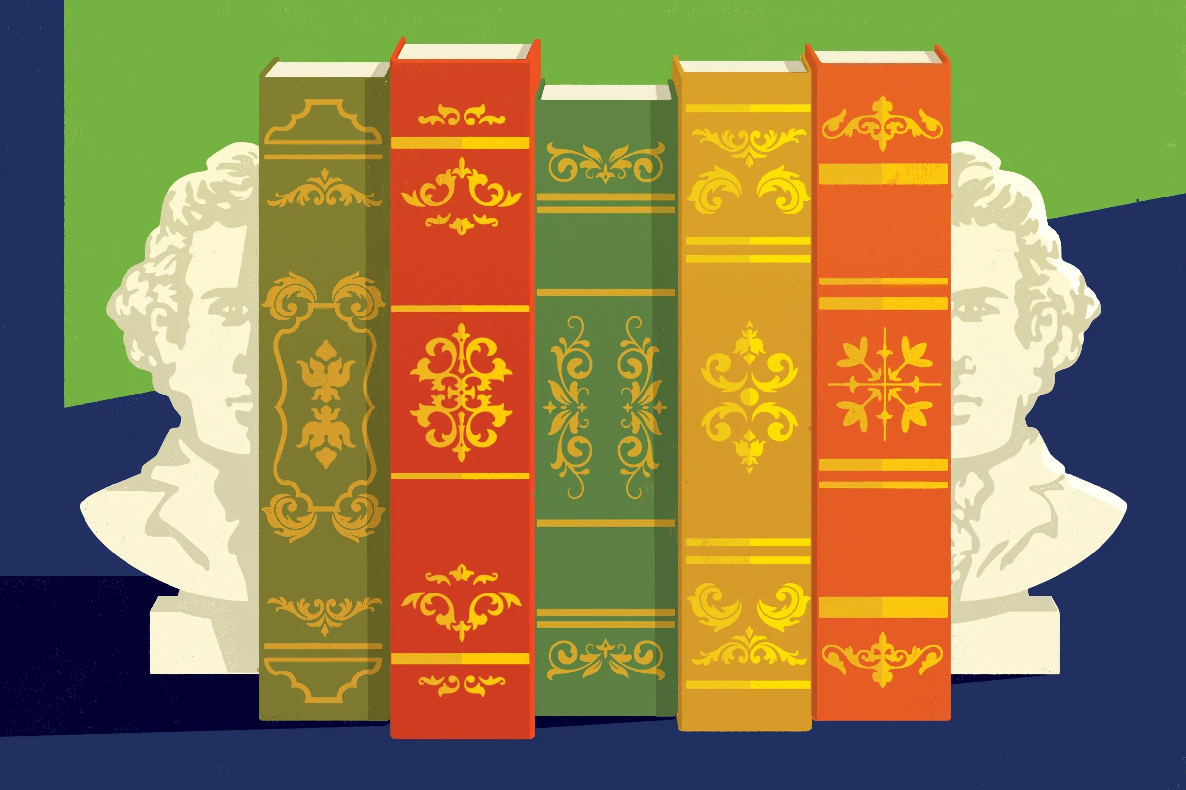An illustration of five different colored books in between two bookends in the shape of male heads.