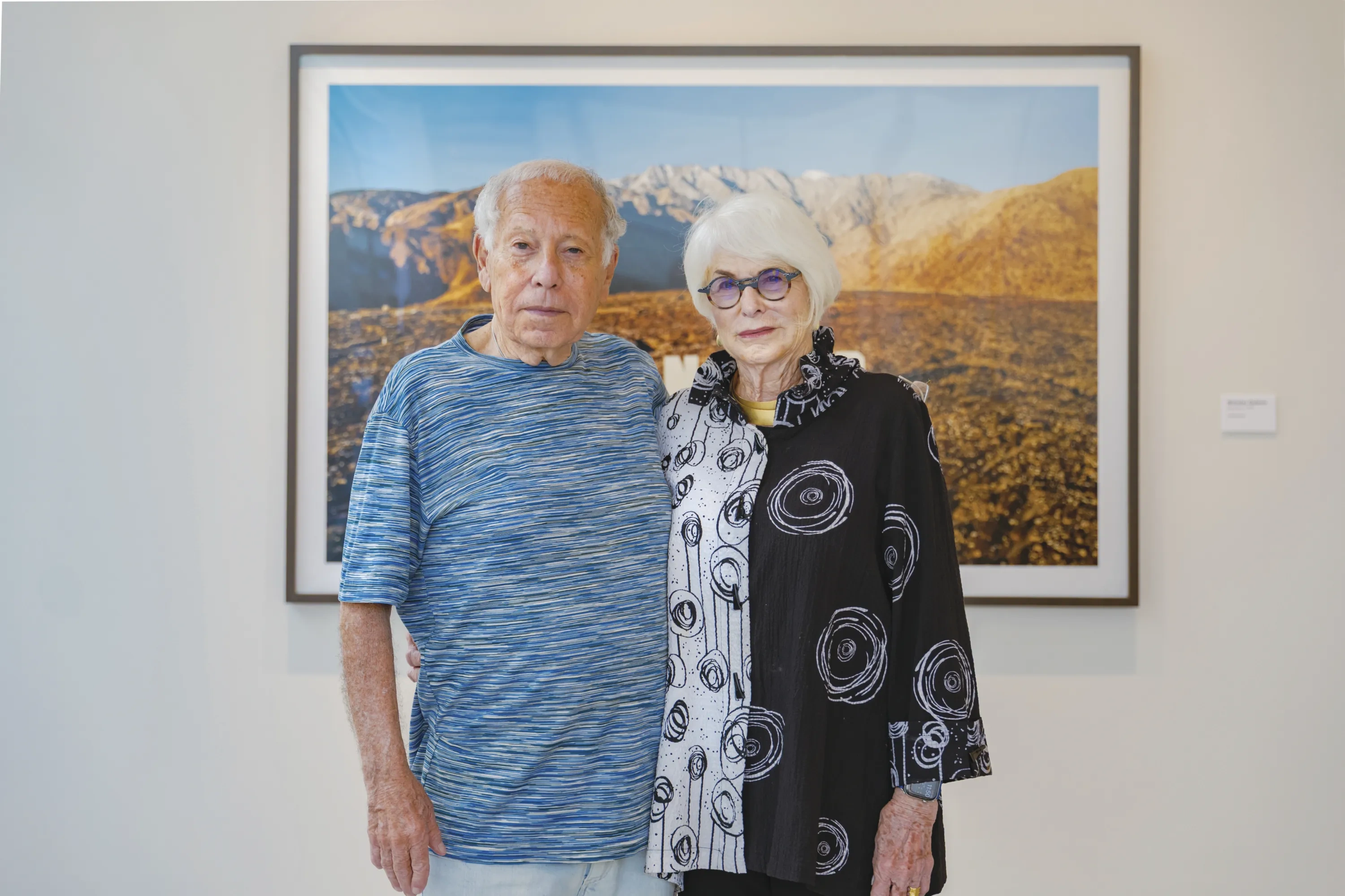 A stylish elderly couple stands in front of a framed piece of art that depicts a mountain range.