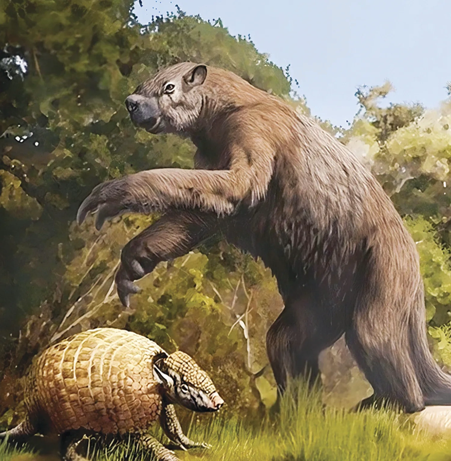 An illustration of Ice Age mammals, including an armadillo-like pampathere and a giant ground sloth.