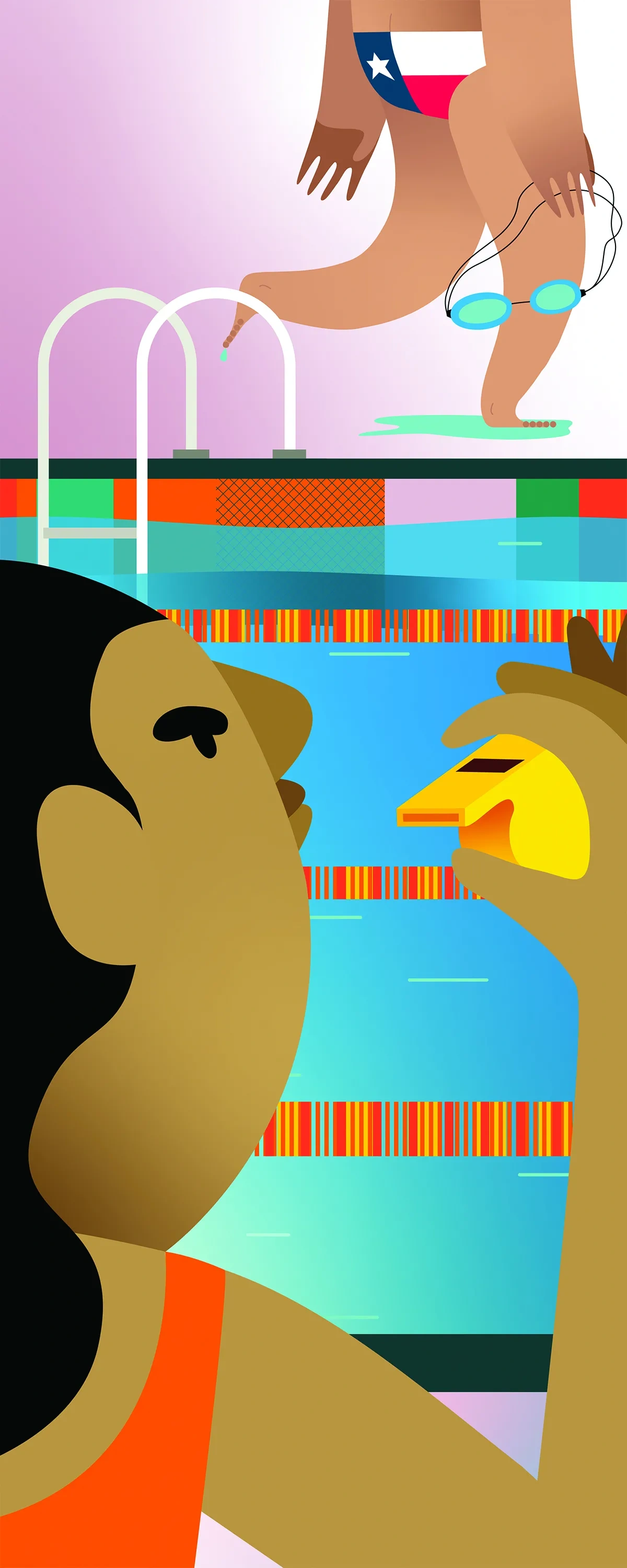 An illustration showing a woman blowing her whistle at the back of a figure walking away wearing a Speedo patterned with the Texas flag.