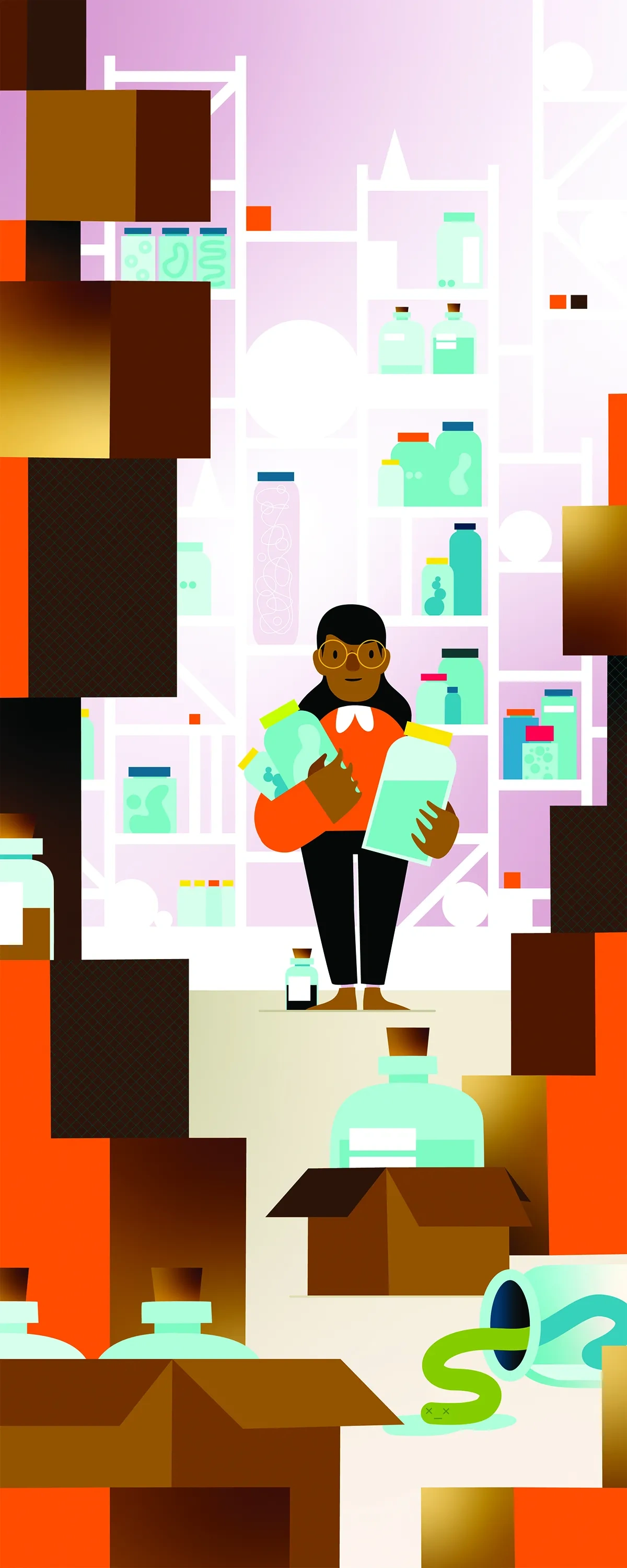 An illustration showing a woman holding glass jars of specimens among shelves of jars and stacked boxes.