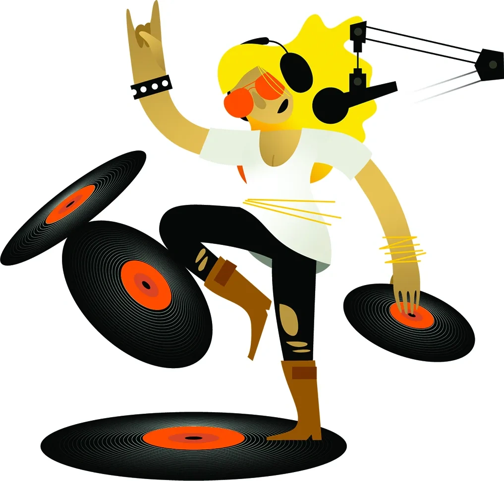 An illustration of a woman in headphones and sunglasses standing on floating vinyl records.