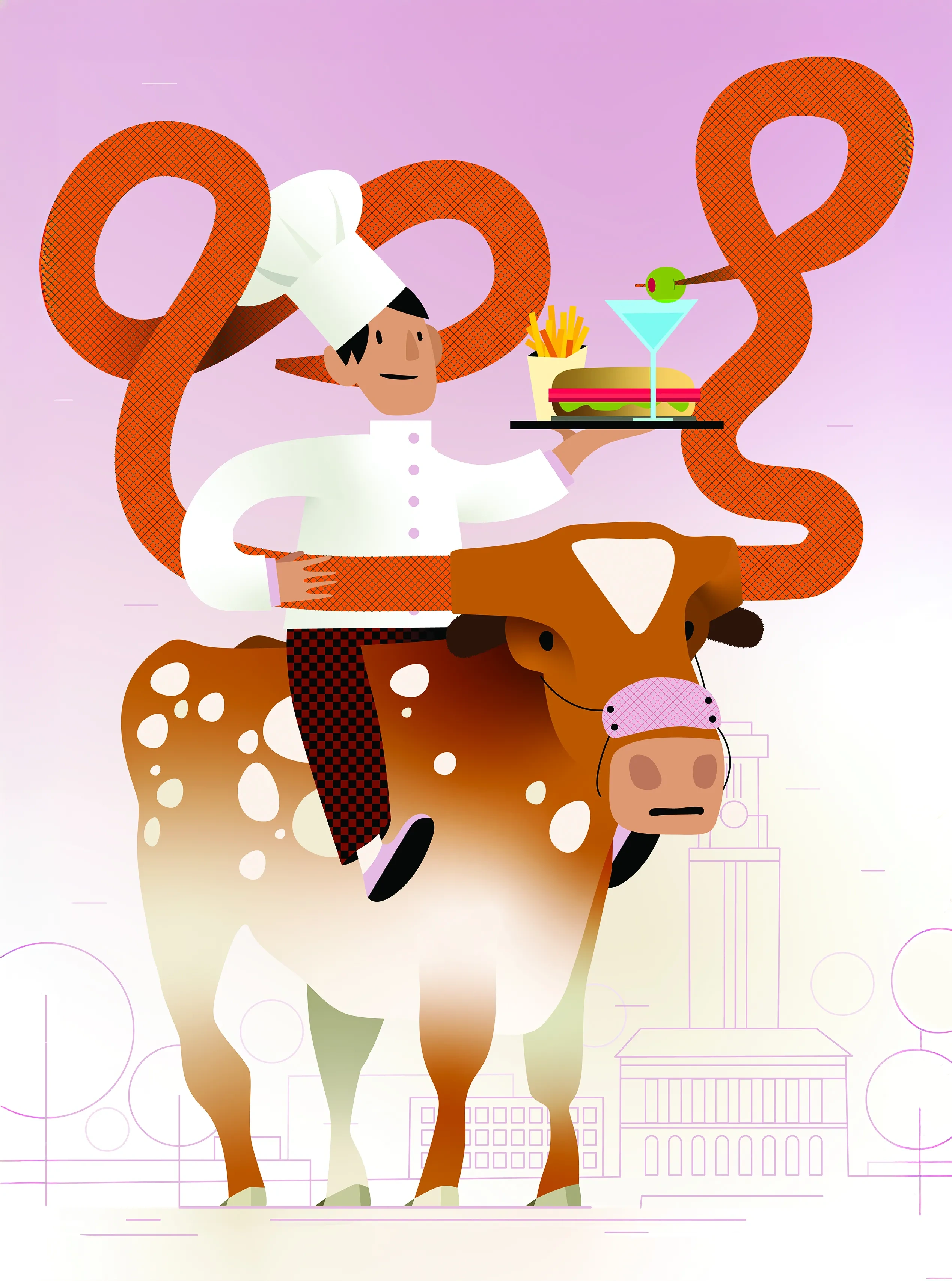 A whimsical illustration of a man in a chef uniform holding a tray with a burger, fries, and a martini, sitting atop a longhorn.