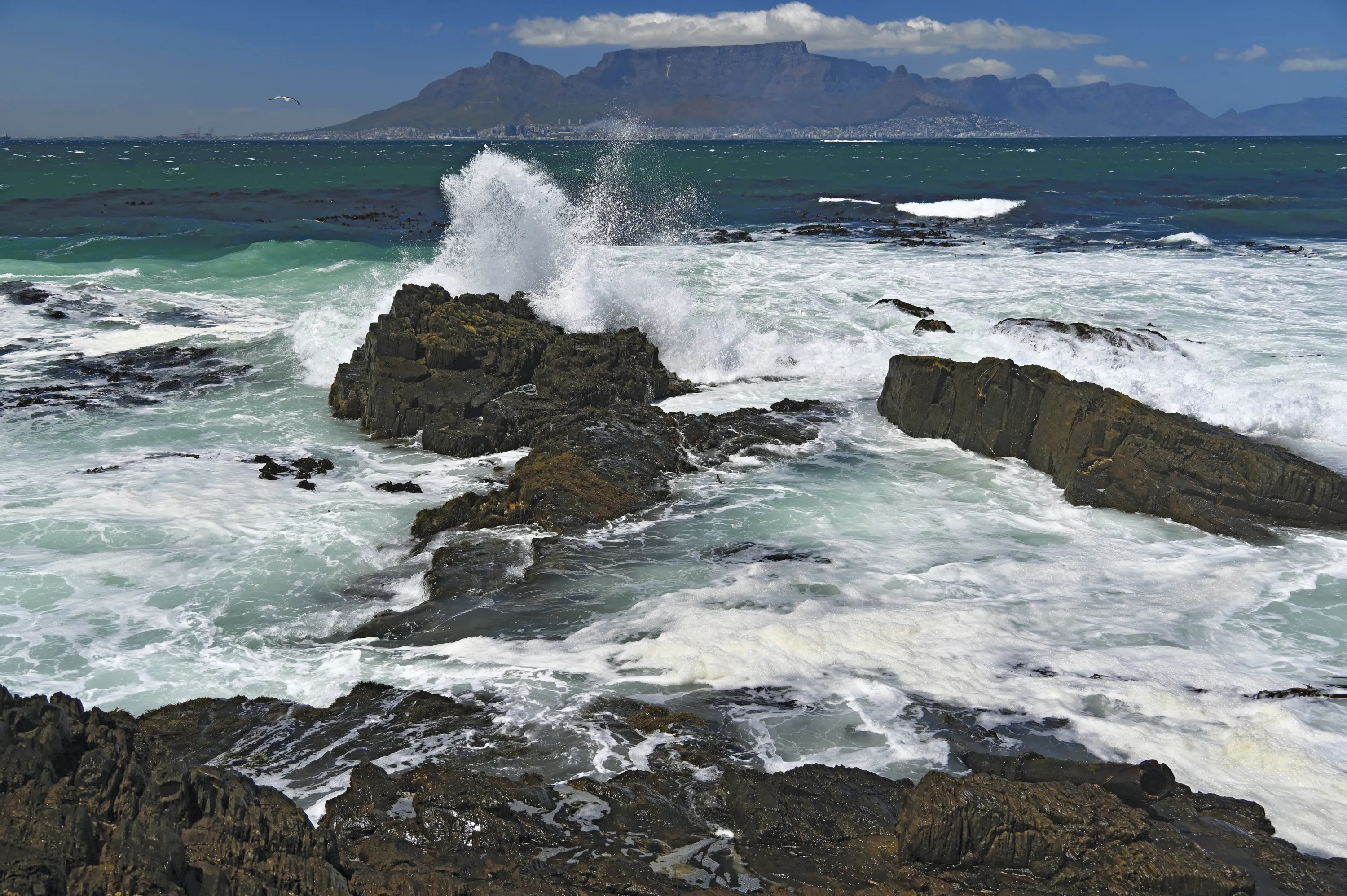 Waves crash at Robben Island in South Africa