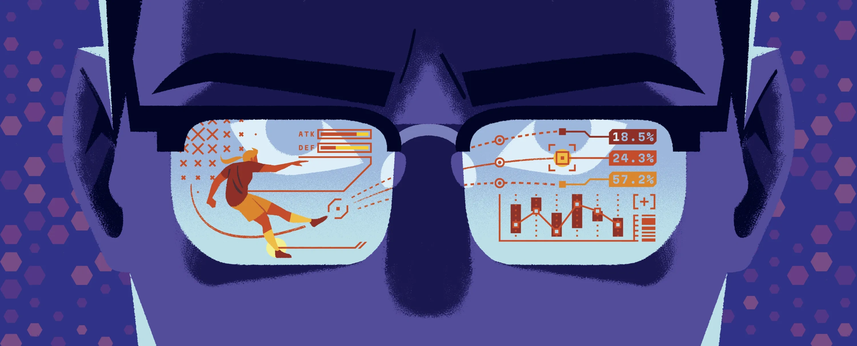 An illustration of a reflection of a soccer game in a man's glasses, done in the style of a video game.