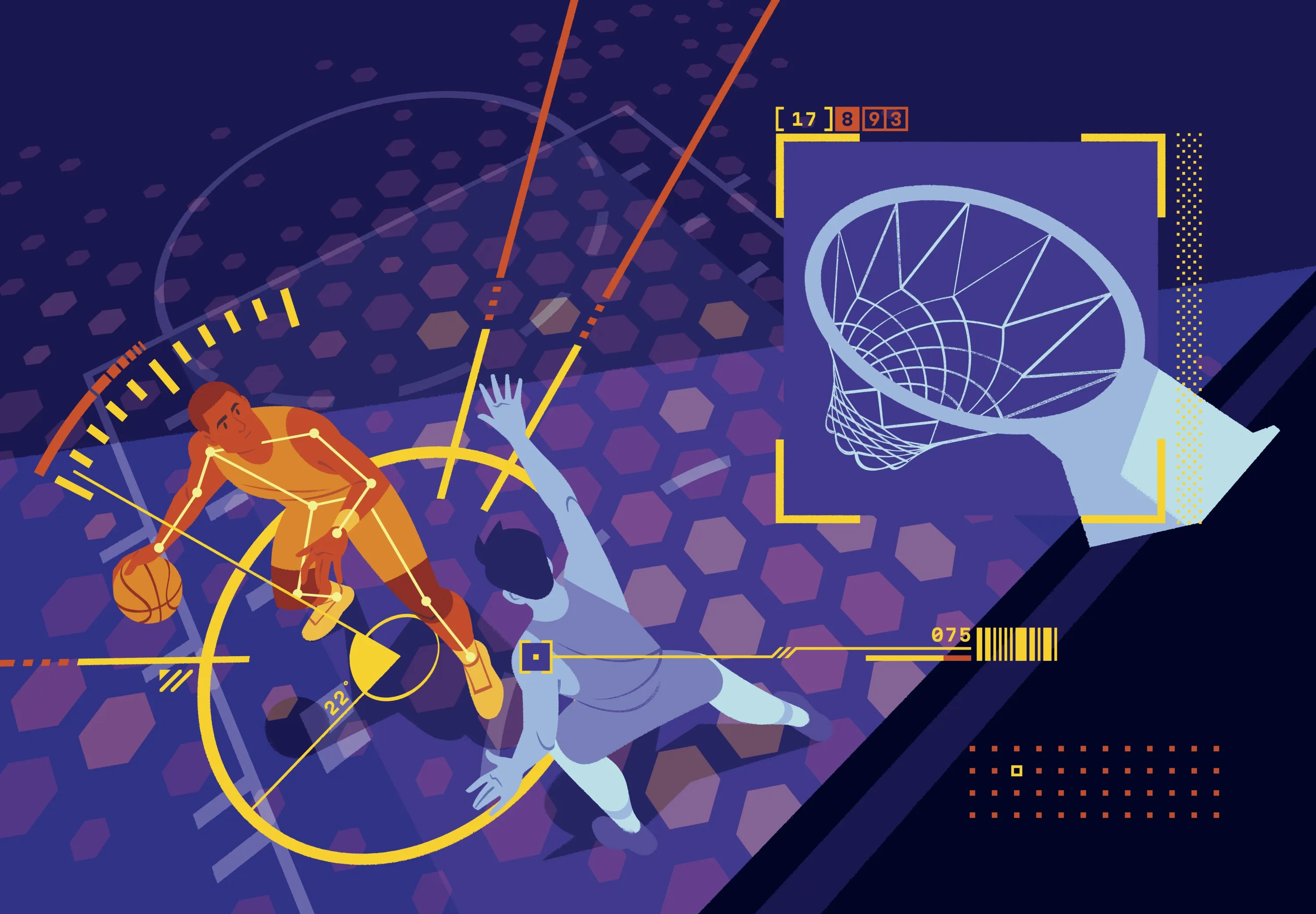 An illustration of two male basketball players under a hoop, in the style of a video game.