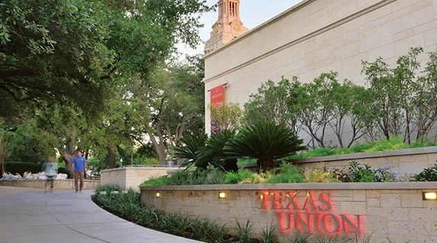 New facade, landscaping and signage at the Texas Union