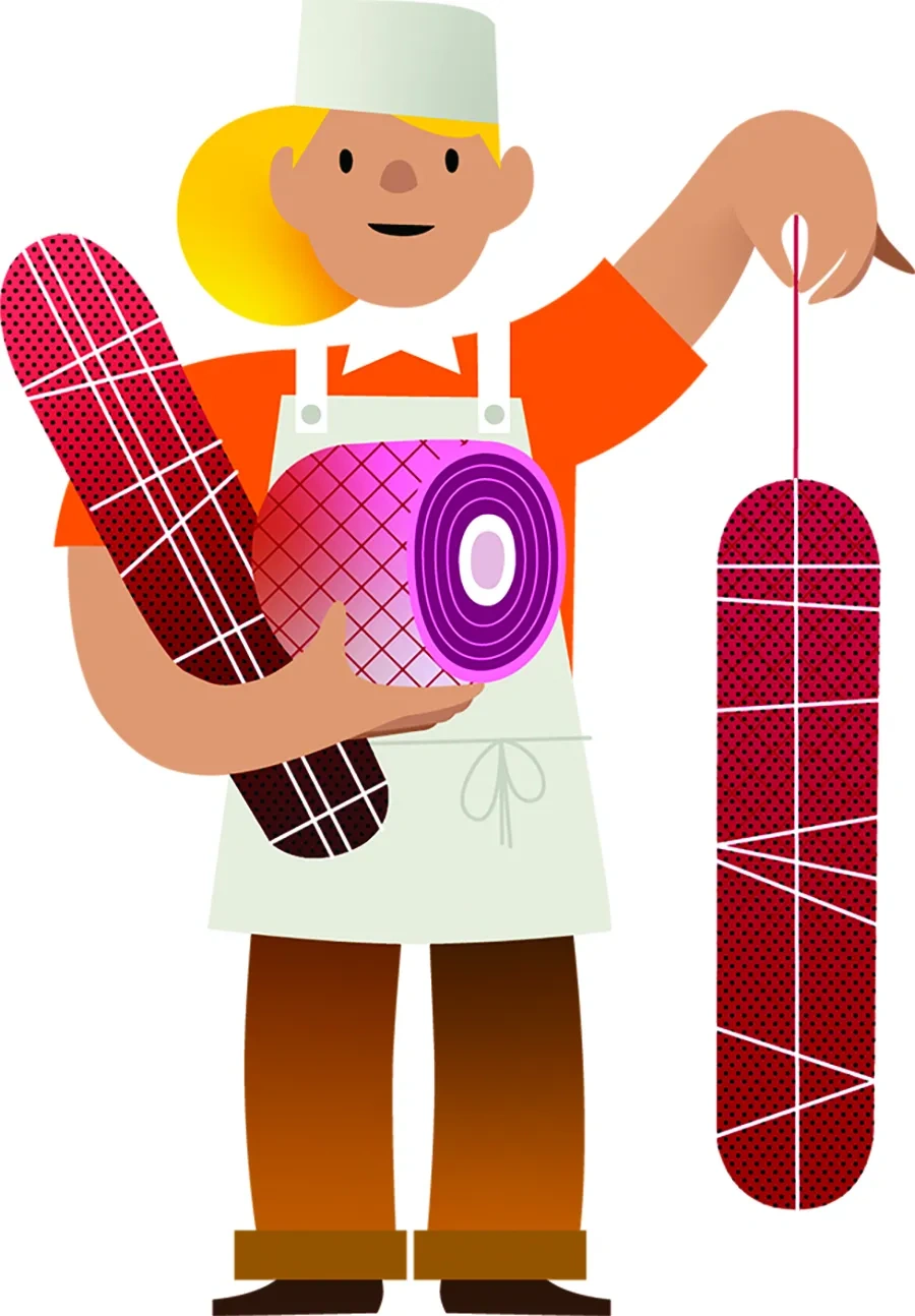 An illustration of a woman holding hunks of deli meat.