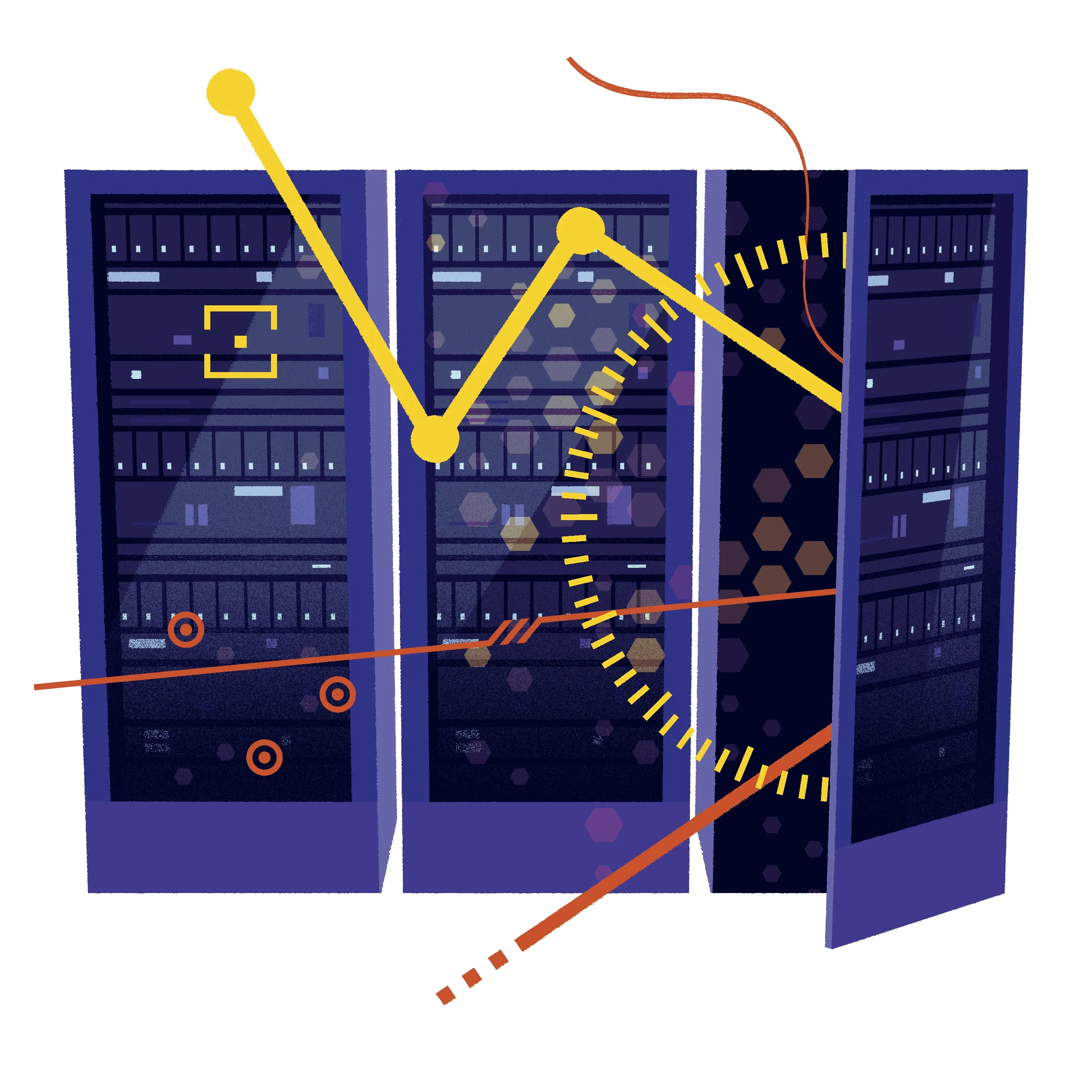 An illustration of graphing symbols coming out of panels of computer banks.